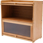 2 Tier Bamboo Countertop Pantry, Kitchen Countertop Flatware Storage Cabinet with 2 Sliding Striped Clear Door Stoppers, Fully Sealed Cutlery Organizer for Condiments, Plates, Bowls