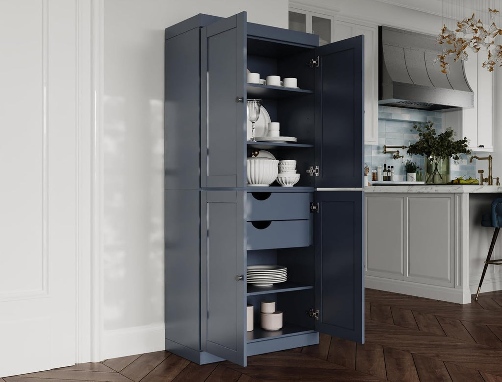 Palace Imports Solid Wood Kitchen Pantry Cabinet - 71.5" H x 32" W - Wooden Storage Cabinet w/ 4 Shaker Doors, 2 Drawers & 4 Adjustable Shelves, Antique Blue, 100% Eco-Friendly Wood, Made in Brazil