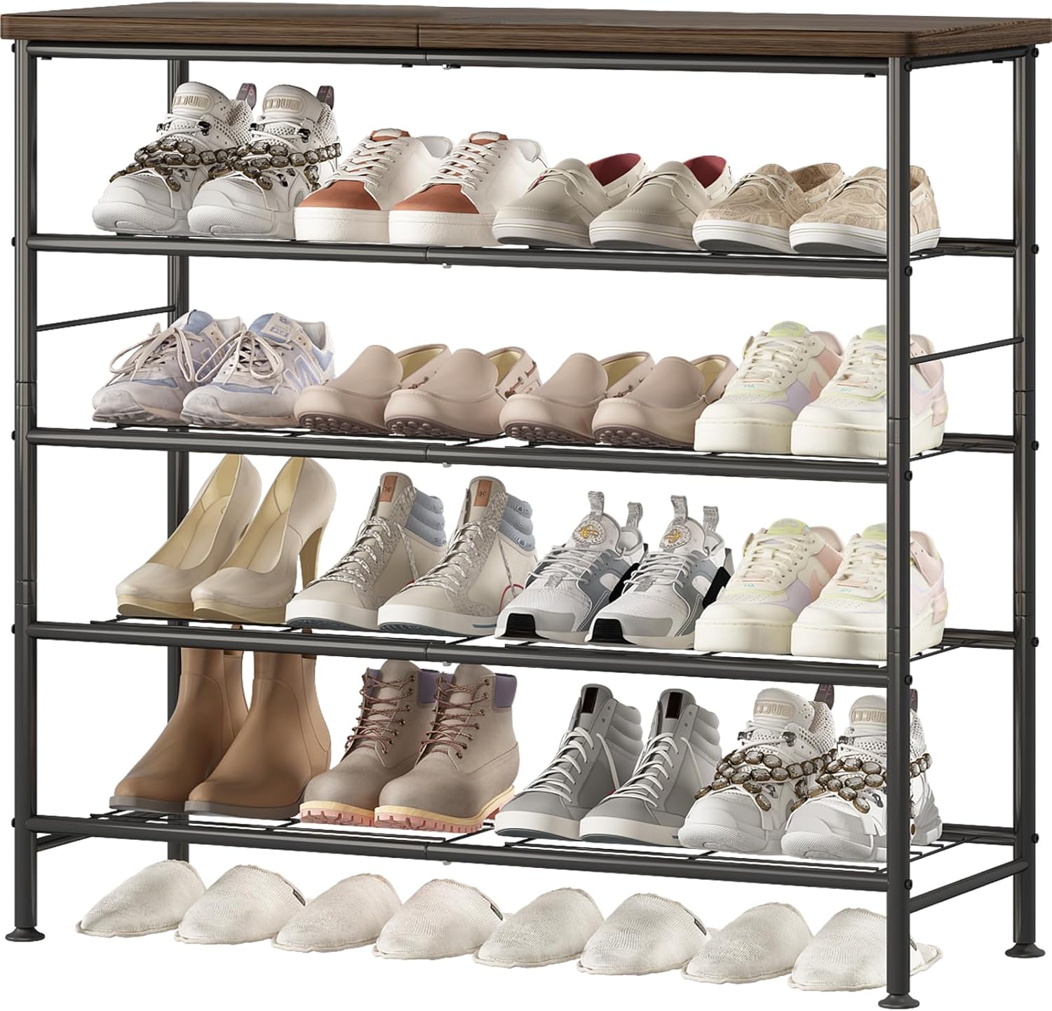 SUOERNUO Shoe Rack Organizer 5 Tier for Closet Entryway Free Standing Metal Storage Shoe Shelf with MDF Top Board，Black+Rustic Brown