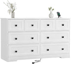 White 8 Drawer Dresser for Bedroom with Power Outlets Wide Chest of Drawers with Smooth Guide Rail Modern Wooden Dressers with Metal Handle Large for Bedroom Living Room Hallway Closet