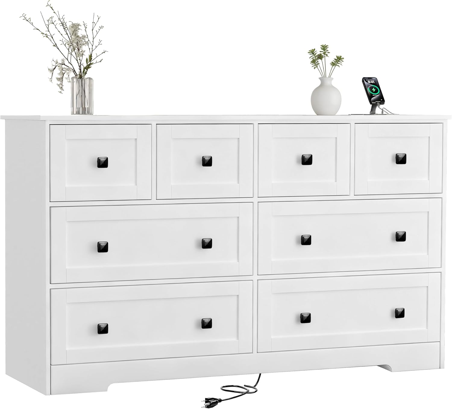 White 8 Drawer Dresser for Bedroom with Power Outlets Wide Chest of Drawers with Smooth Guide Rail Modern Wooden Dressers with Metal Handle Large for Bedroom Living Room Hallway Closet