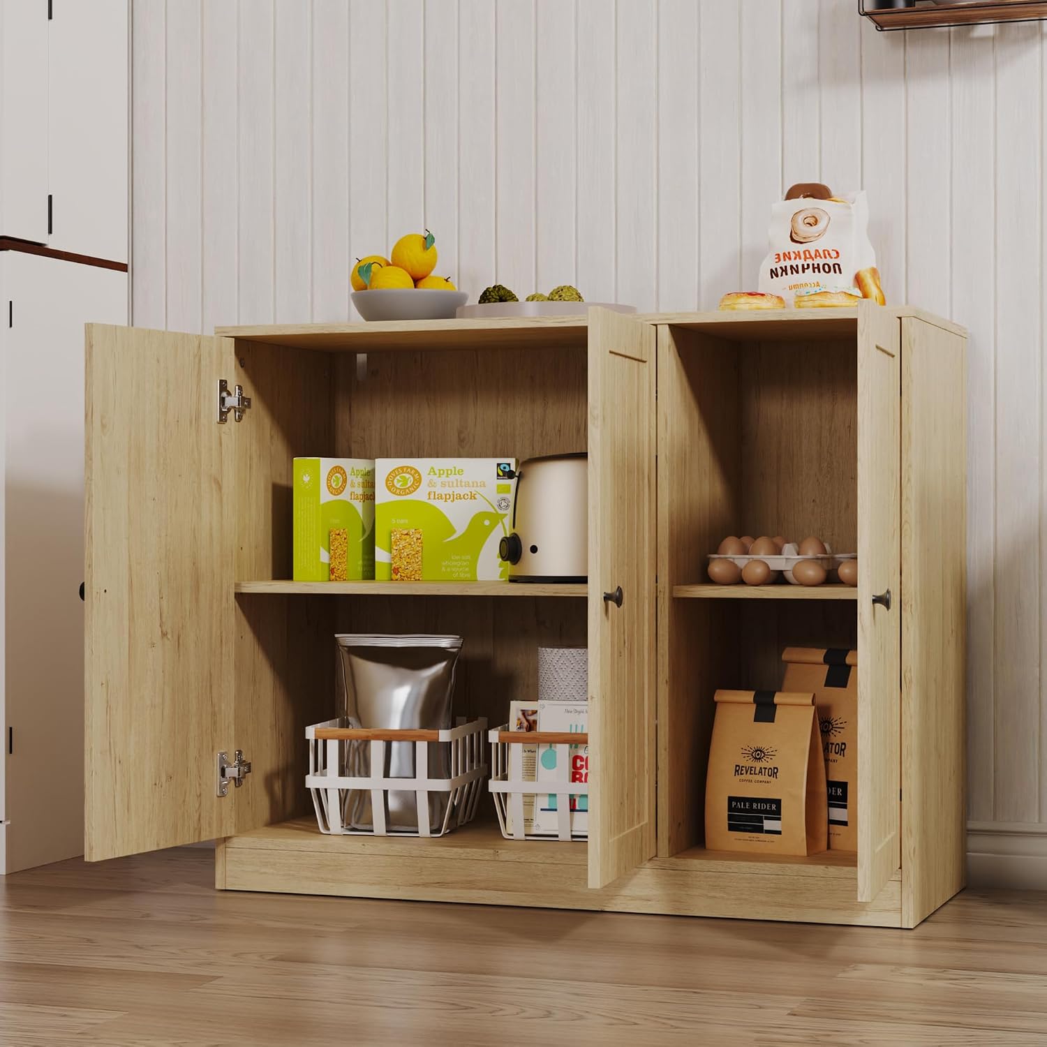 Furnify Buffet Cabinet with 3 Door, Kitchen Storage Cabinet with Adjustable Shelf, Coffee Bar Accent Cabinets for Living Room, Entryway, Natural Oak