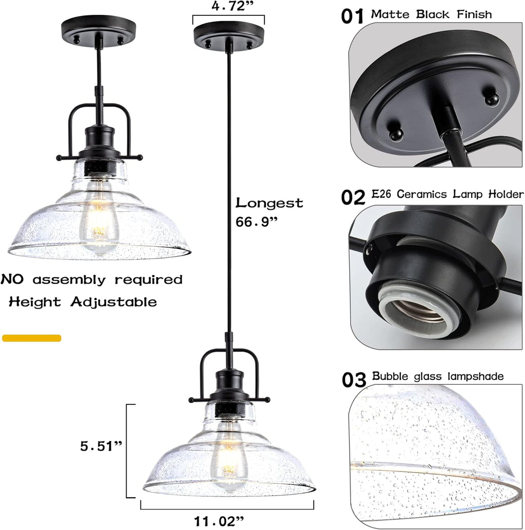 Zlepmlla Glass Pendant Light，Black Pendant Light Fixtures with Seeded Glass Shade, Adjustable Height Hanging Lights for Hallway, Kitchen Island, Dinning Room（Bulb not Included）