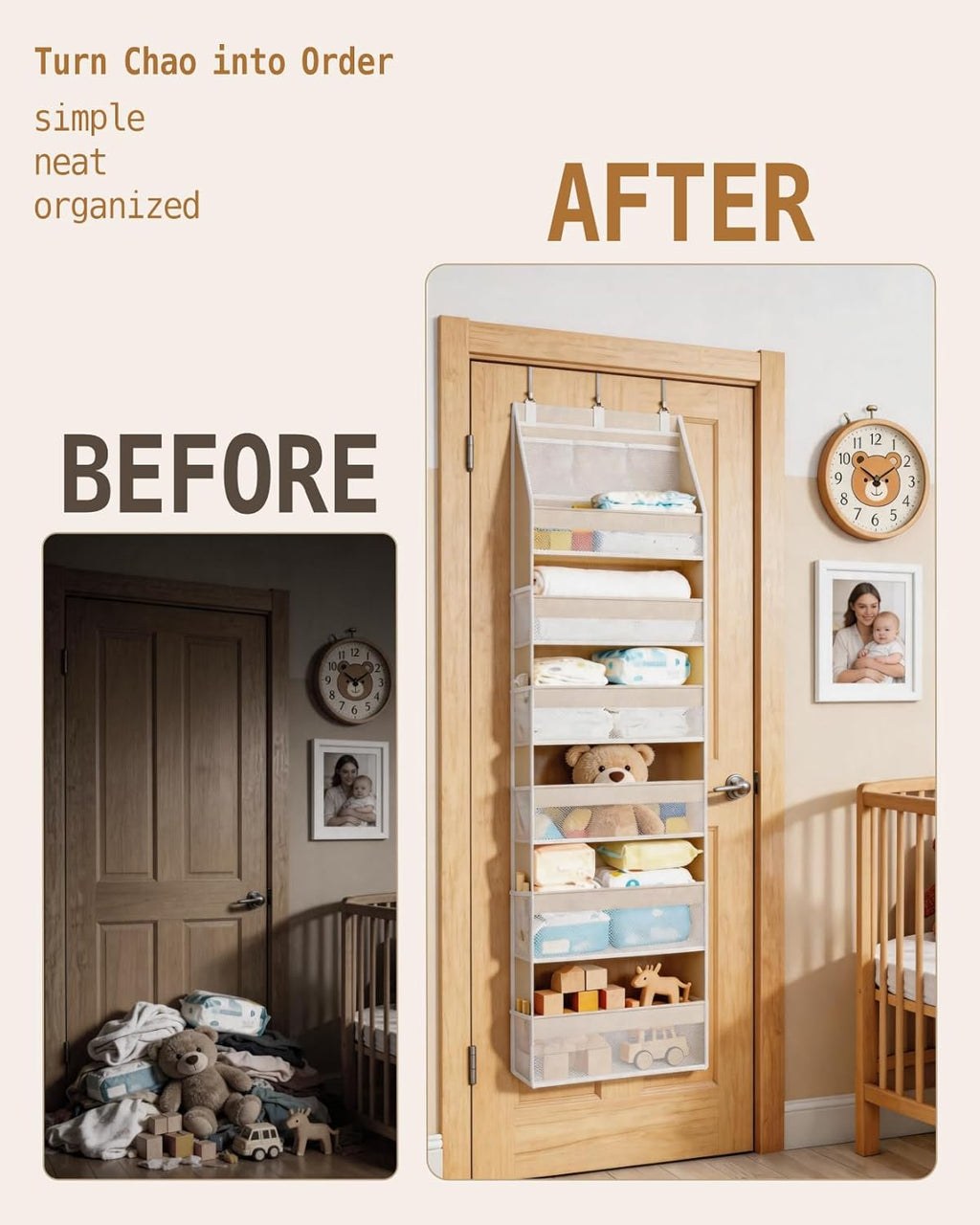 KMSCO Over The Door Organizer, 6 Large Pockets + 13 Mesh Side Pockets, Hanging Storage, 55lbs Capacity, Heavy Duty Non-Woven Fabric for Baby Nursery, Bathroom, Pantry, Closet, Beige, 1 Pack