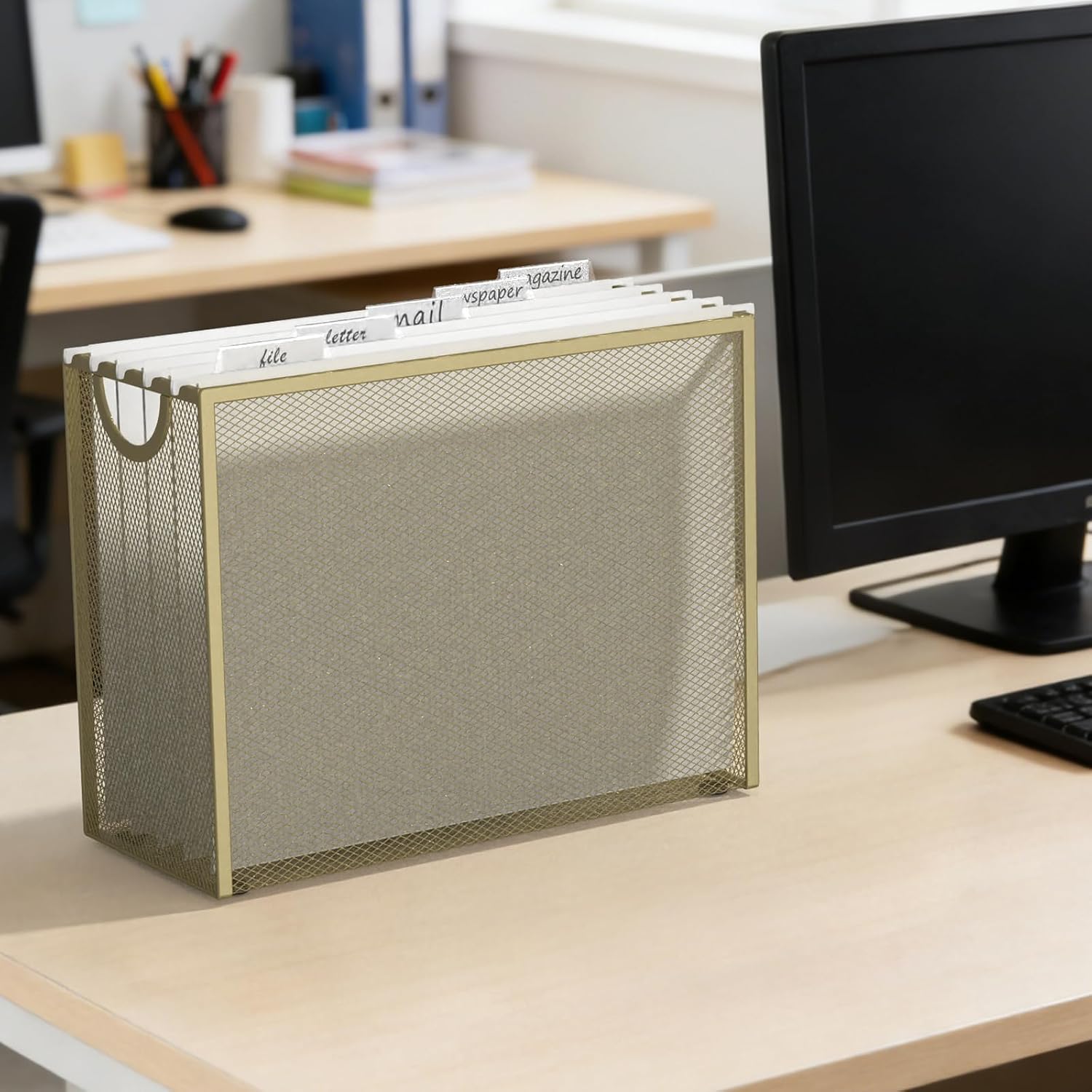 Sinboun Hanging File Organizer Letter-Size File Holder Filing Box Includes 5 Hanging Folders - Metal Mesh Magazine Letter Storage Cabinets File Cart for Office Home School, No Assembly Required Gold