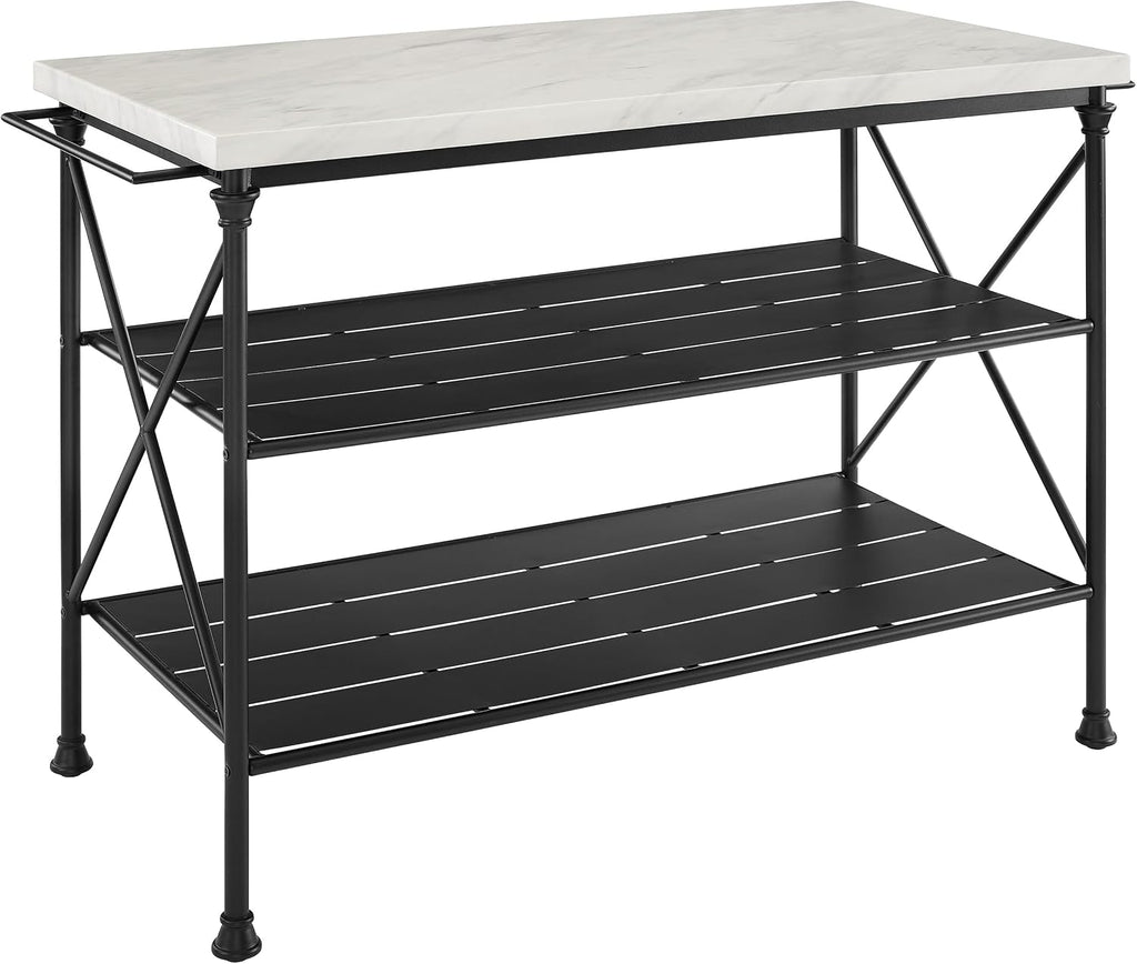Crosley Furniture Madeleine Kitchen Island with Shelves for Storage, Microwave Stand, Coffee Bar, Steel with Faux Marble Top