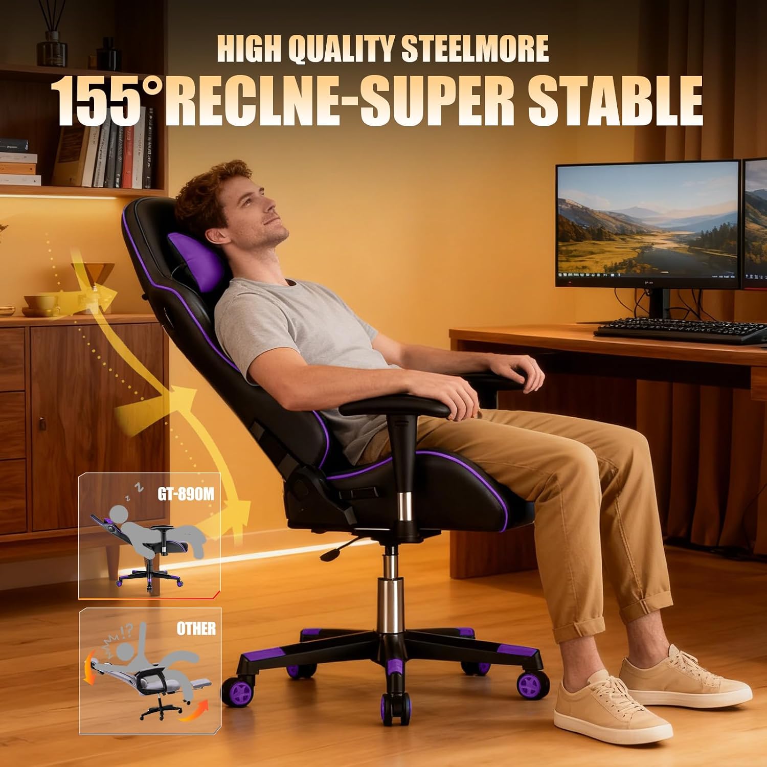 GTPLAYER Gaming Chair with Speakers,Video Game Chair Bluetooth Music with Lumbar Support, Ergonomic Comfortable Office Computer Chair for Adults, Adjustable Reclining Chair, 360° Swivel, Light Purple