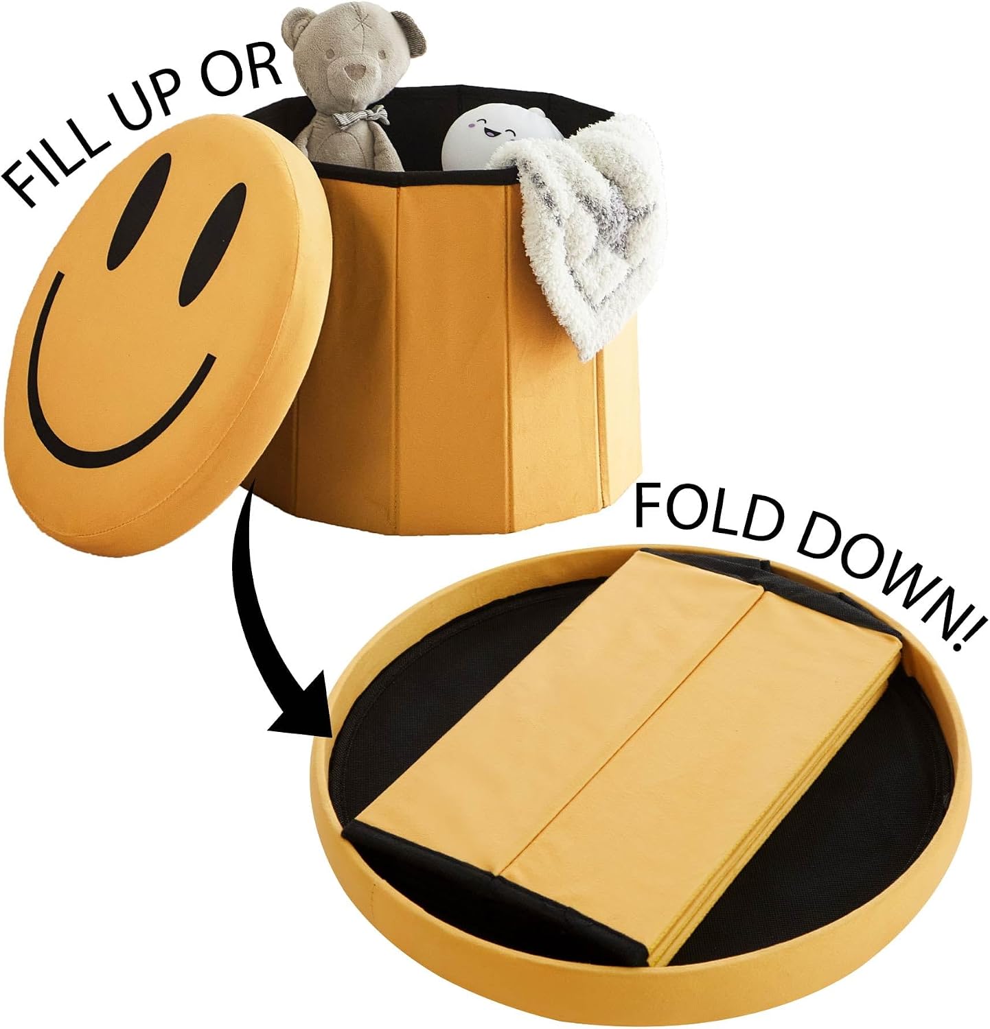 Heritage Kids Smiley Face Storage Ottoman,Collapsible Round Storage Stool with Lid, Soft Padded Seat, Fun Emoji Design for Kids Room, Bedroom, or Living Room,Yellow