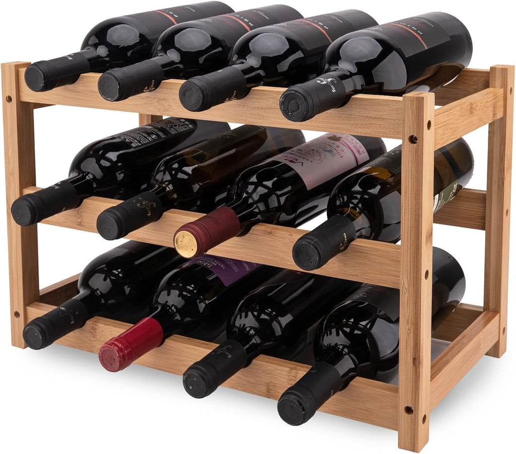 LEIMO KPARTS Bamboo Wine Rack, 3-Tier Sturdy and Durable Wine Storage Cabinet Shelf, Wine Racks Countertop for Kitchen Pantry Dining Room Bar,12 Bottles Wine Rack