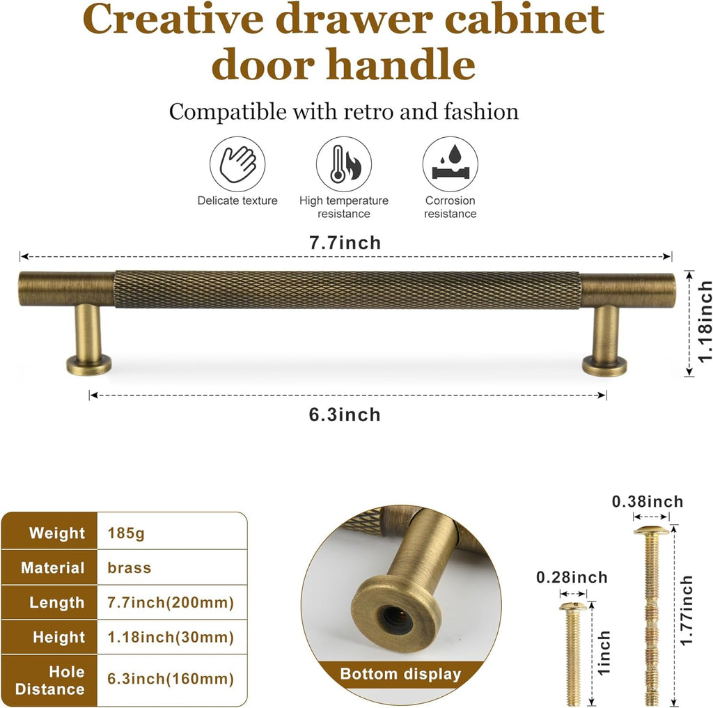 5Pack Antique Solid Brass Cabinet Handle, 6-1/4 inch(160mm) knurled Dresser Drawer pulls, Vanity Bathroom Cupboard Wardrobe Household Door Hardware