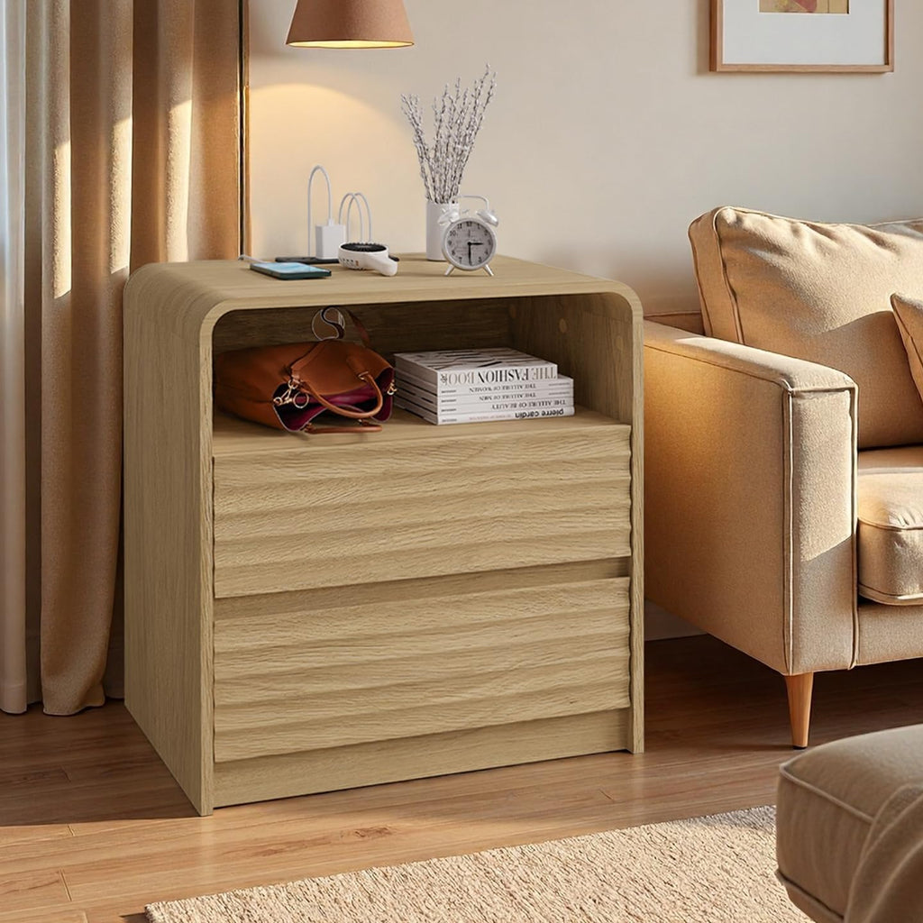 Fluted Nightstand with Charging Station, 23.6'' Wide Morden End Table 2 Drawers & Open Shelf, Curved Profile Design, Wood Bedside Table for Bedroom (Natural Oak, 2 Pieces)