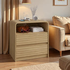 Fluted Nightstand with Charging Station, 23.6'' Wide Morden End Table 2 Drawers & Open Shelf, Curved Profile Design, Wood Bedside Table for Bedroom (Natural Oak, 2 Pieces)