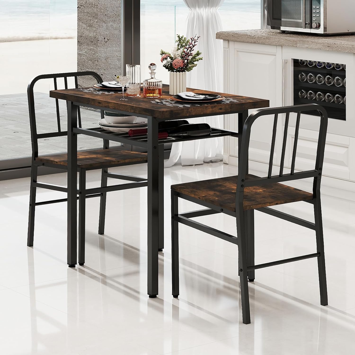 GOFLAME 3-Piece Dining Table Set for 2, Wooden Rectangular Kitchen Table and 2 Chairs with Storage Rack and Metal Frame, Space-Saving Dinette Set for Dining Room, Apartment, Small Space, Rustic Brown