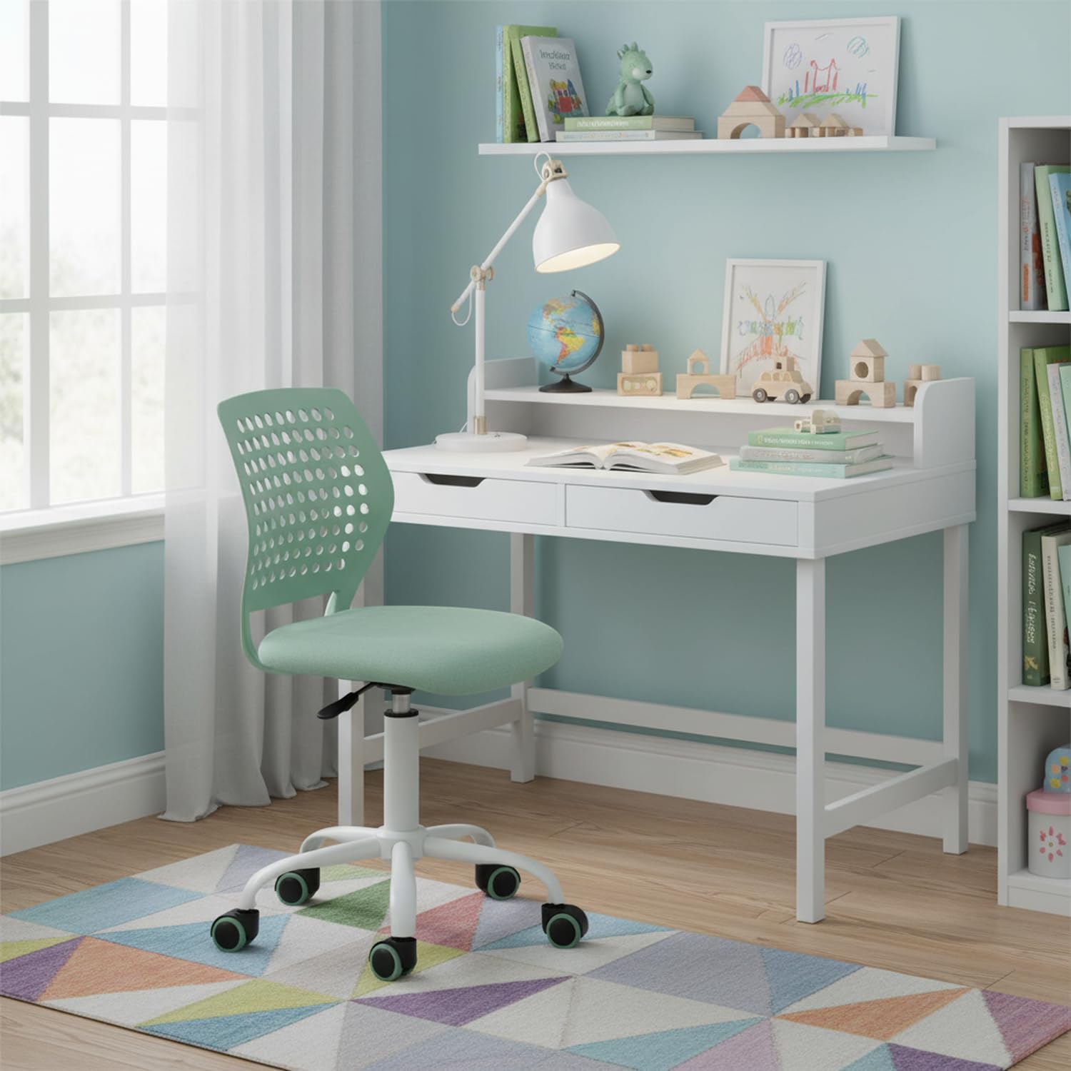 FurnitureR Armless Desk Chair with Wheels, Ergonomic Adjustable Height Swivel Task Chair with Breathable Back and Padded Seat, Rolling Study Computer Seating for Kids Teens, Mint Green