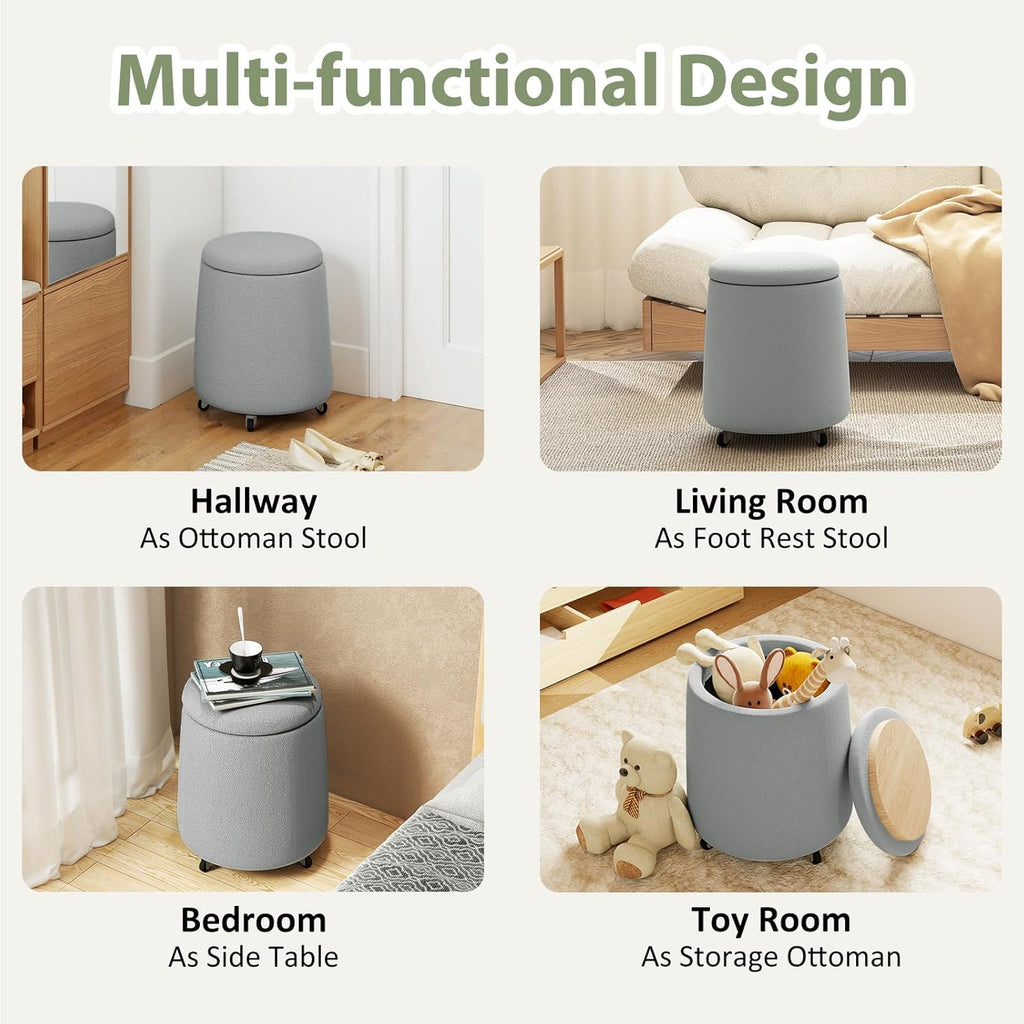 Storage Ottoman with Wheels, 15"W Swivel Rolling Foot Stool Boucle Terry Fabric Coffee Table Ottoman with Hidden Storage, Round Vanity Stools for Makeup Room Living Room Bedroom Entryway Dorm, Grey