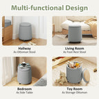 Storage Ottoman with Wheels, 15"W Swivel Rolling Foot Stool Boucle Terry Fabric Coffee Table Ottoman with Hidden Storage, Round Vanity Stools for Makeup Room Living Room Bedroom Entryway Dorm, Grey