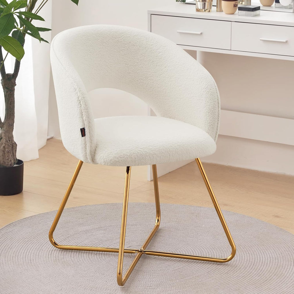 Furniliving Modern Accent Chair Velvet Comfy Lounge Chairs for Bedroom, Upholstered Barrel Vanity Chair with Back, Mid Century Makeup Chair with Gold Leg (Hollow-Backrest, White)