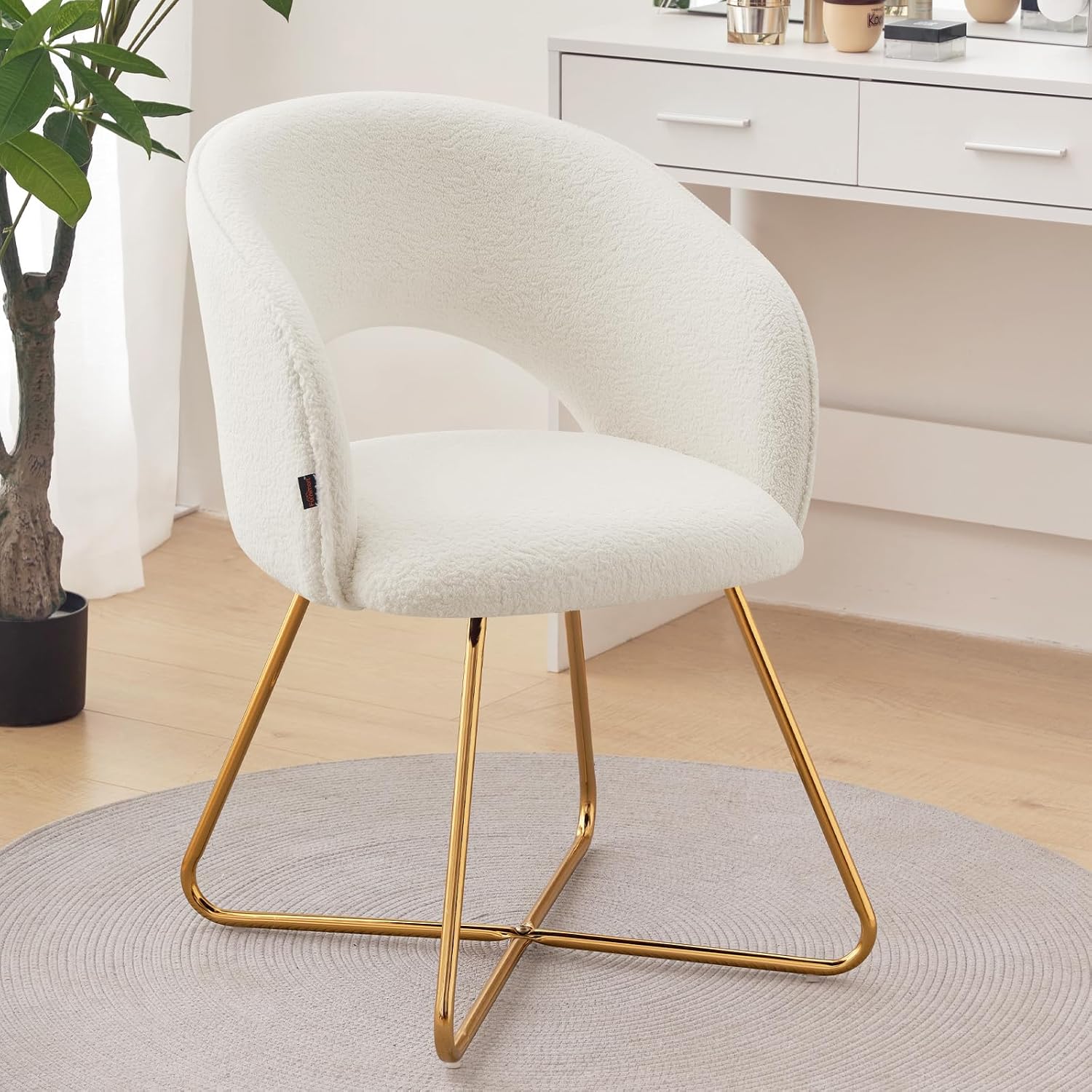 Furniliving Modern Accent Chair Velvet Comfy Lounge Chairs for Bedroom, Upholstered Barrel Vanity Chair with Back, Mid Century Makeup Chair with Gold Leg (Hollow-Backrest, White)