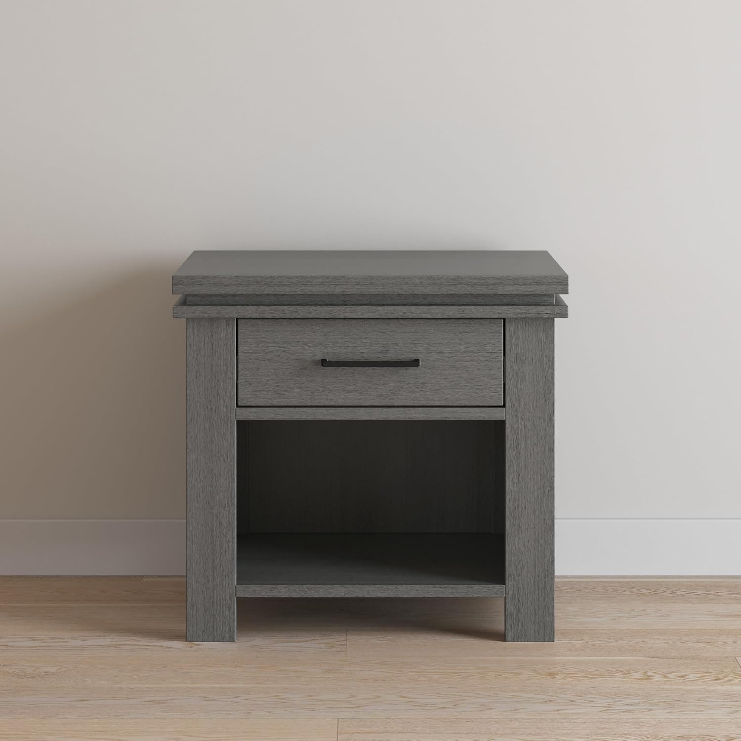 Child Craft Denman Nightstand, 25" W Craftsman Style Nursery Nightstand with Drawer and Open Shelf, Metal Handle, Midnight Gray