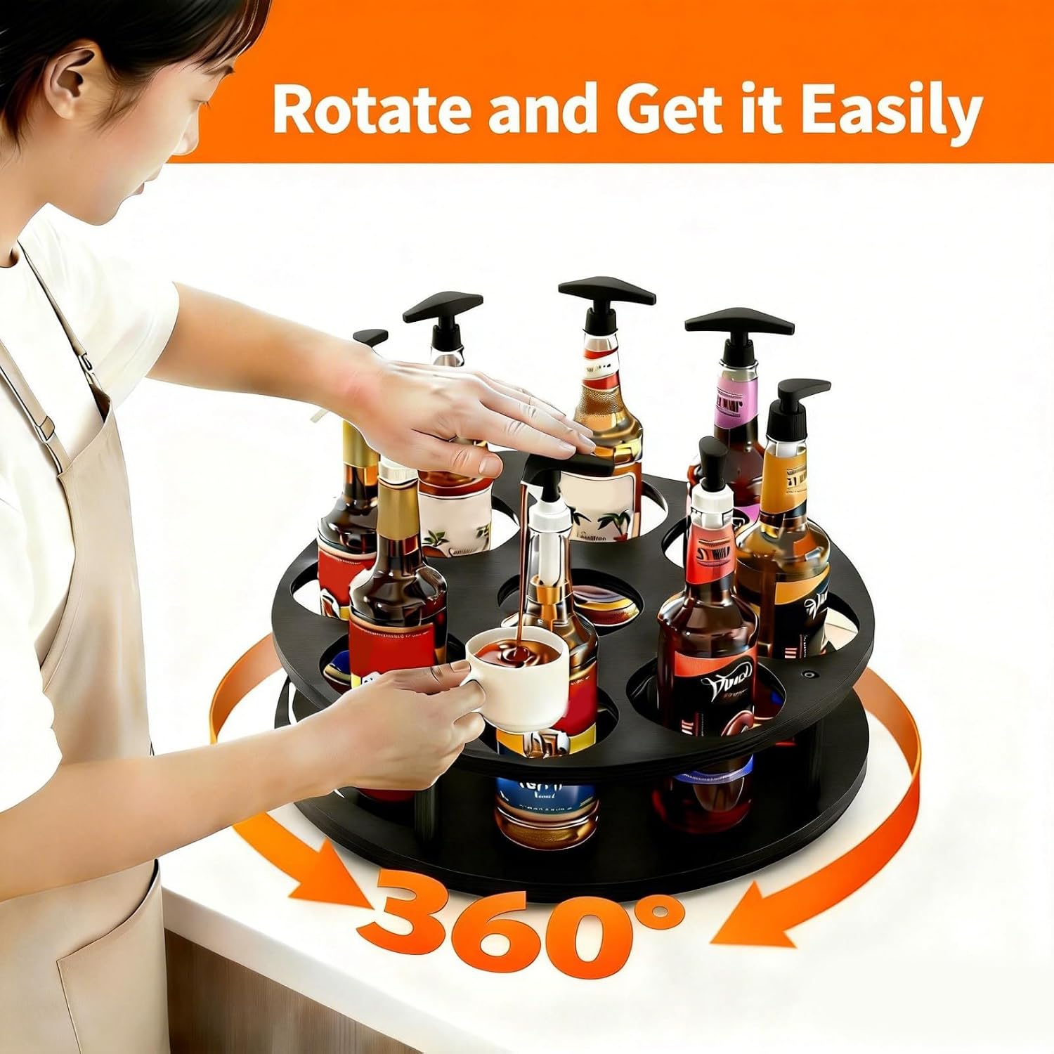 Rotating Coffee Syrup Organizer, 9 Bottles Coffee Syrup Rack, Wood Coffee Syrup Bottle Holder Stand for Coffee Bar Station Kitchen, Large Wine Rack, Coffee Syrup Holder Black