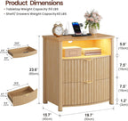Dystler Fluted Night Stand with Gun Drawer & Card-Lock, 19.7" W Curved Nightstand with Charging Station and LED Lights, 2 Drawers Smart Bedside Table for Bedroom (1, Oak)