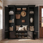 Large Hall Tree with Bench & Rattan Doors, 4-in-1 Entryway Coat Rack with Shoe Storage, 4 Hooks, Shelves, Mid-Century Shoe Bench for Hallway Mudroom, Black, 63.2”W x 15.7”D x 76.8”H
