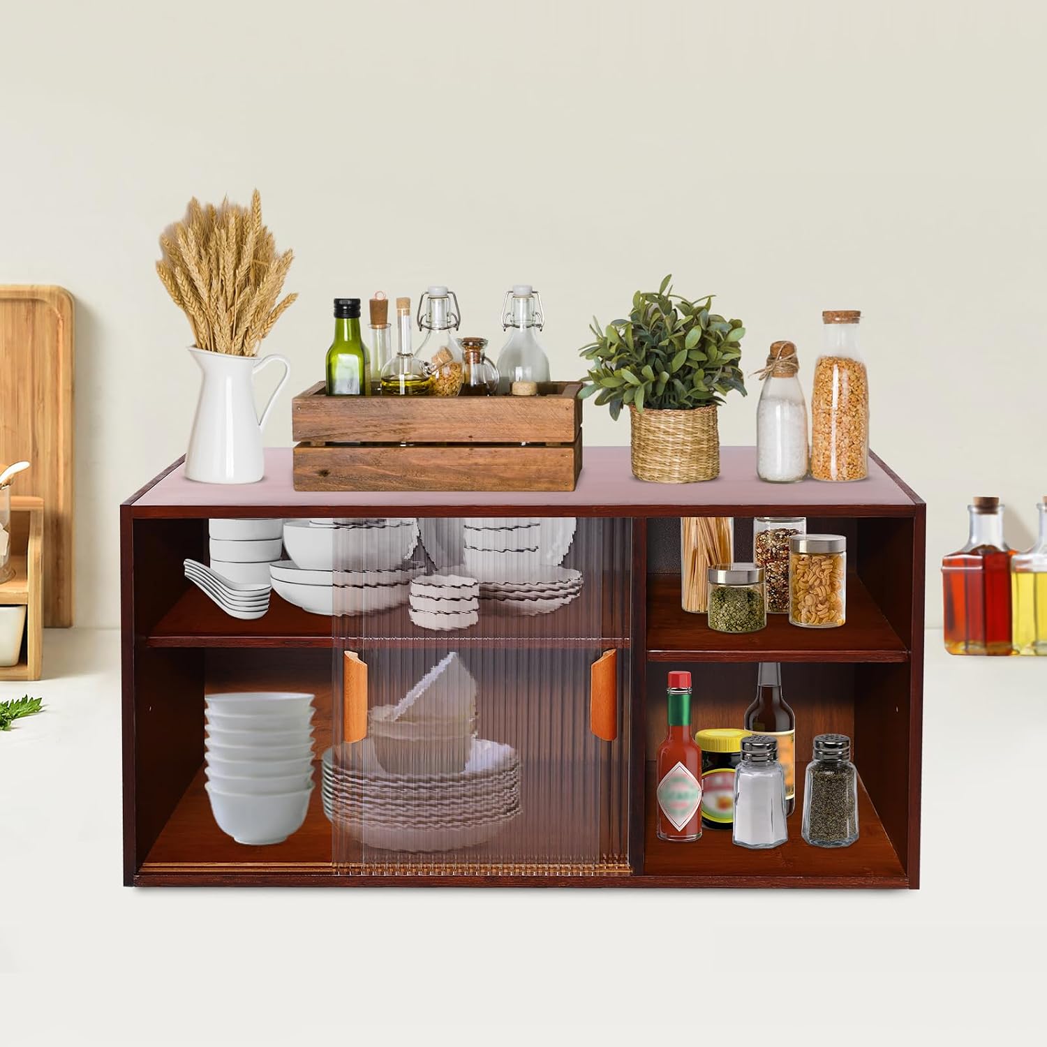 Small Kitchen Pantry Sideboard with 2 Sliding Tempered Glass Doors, Wall Mount or Countertop Cupboard Pantry Cabinet, 31.5 x 11 x 15.7in Storage Cabinets for Dinner Plates, Bowls, Plates