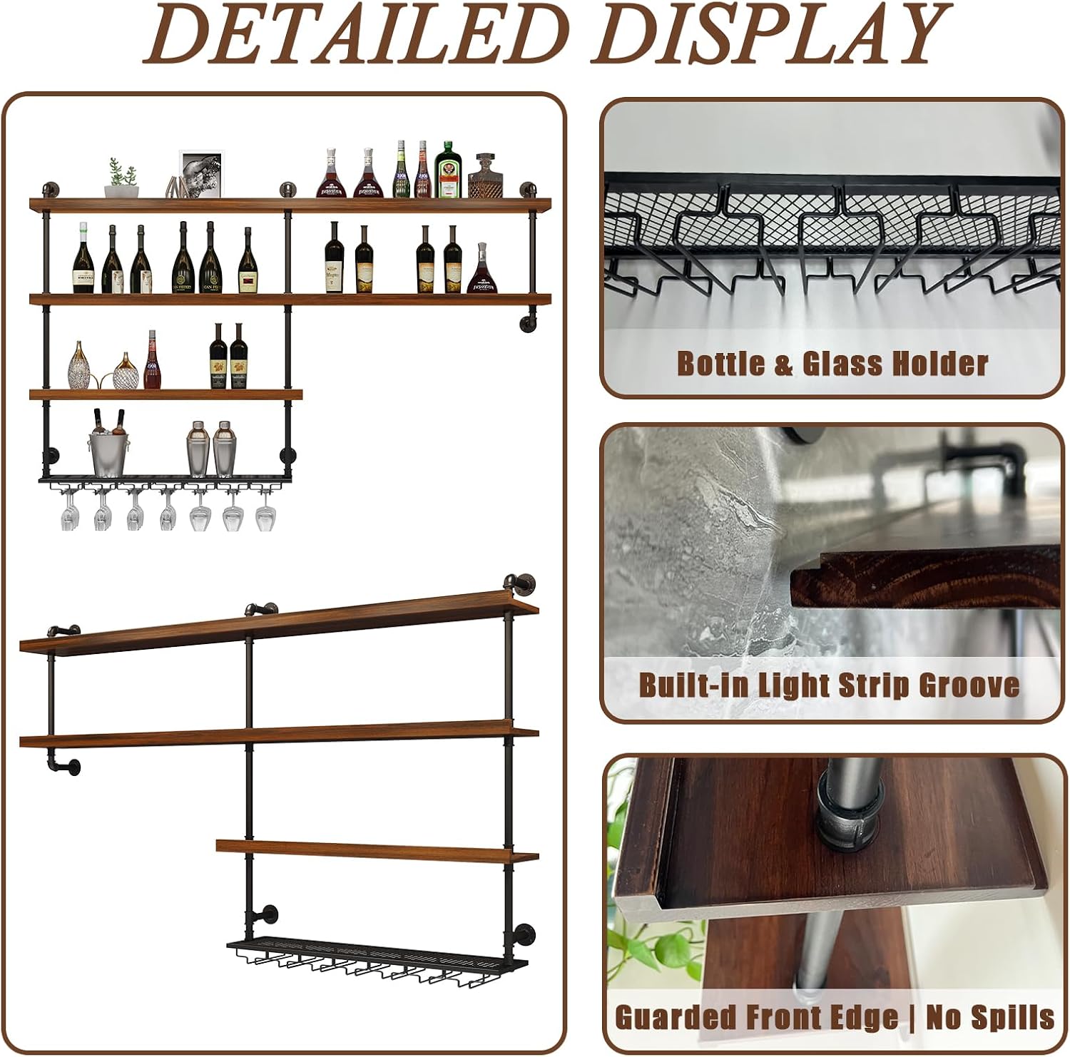 Solid Wood LED Wall Mounted Wine Rack | 4 Tiers Liquor Bottles Floating Shelves with Glass Holder, Industrial Style, Suitable for for Home Bar Dining Room
