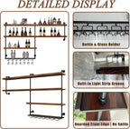 Solid Wood LED Wall Mounted Wine Rack (31.5 in/ 80CM) | 4 Tiers Liquor Bottles Floating Shelves with Glass Holder, Industrial Style, Suitable for for Home Bar Dining Room
