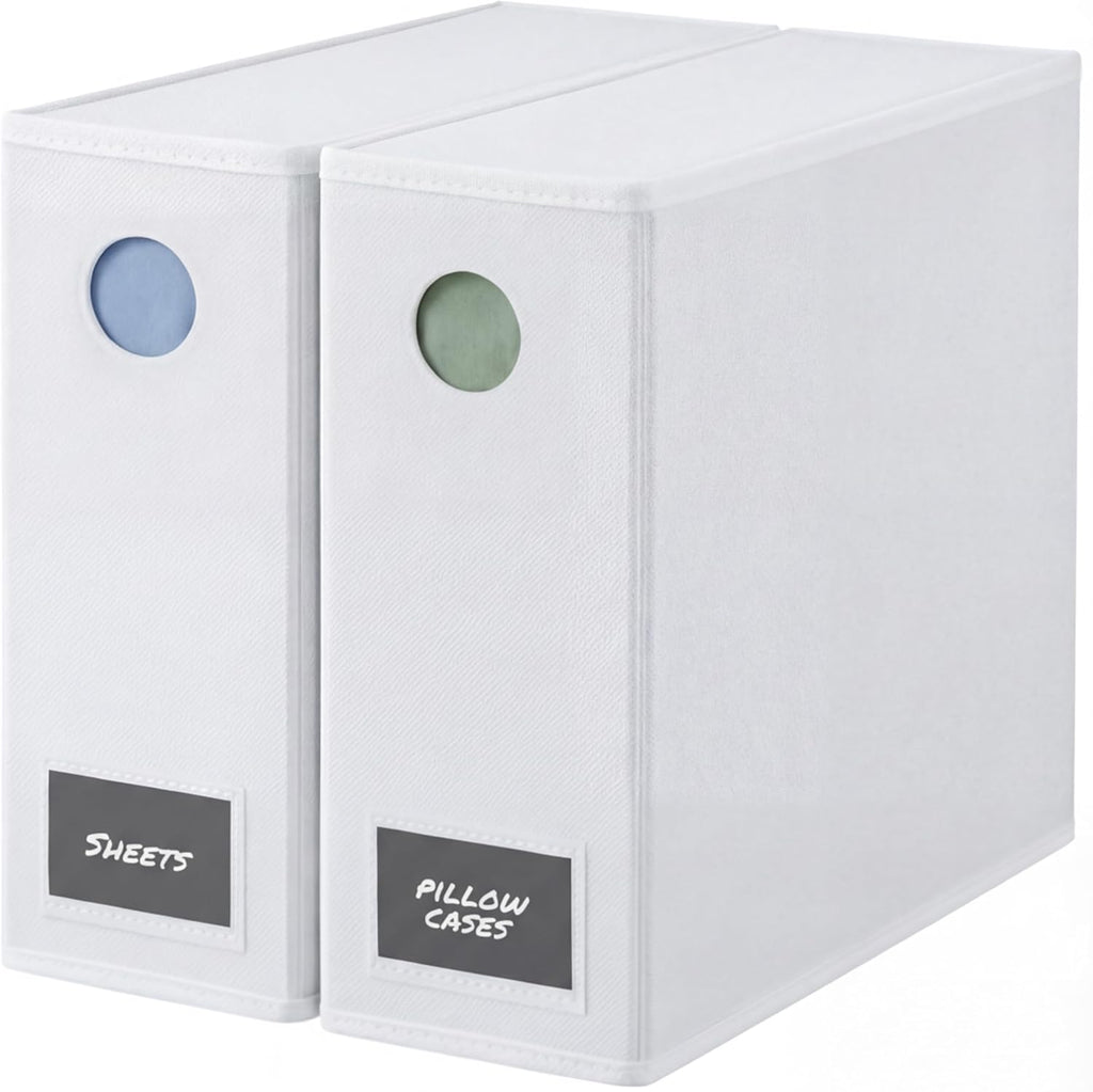 2 Pack Sheet Organizers - Foldable Storage Sheets Set Organizer for Linen Closet - King & Queen Size - Folder Keeper with Window XL - Blanket, Duvet & Pillowcases Dustproof Bedding Container - White