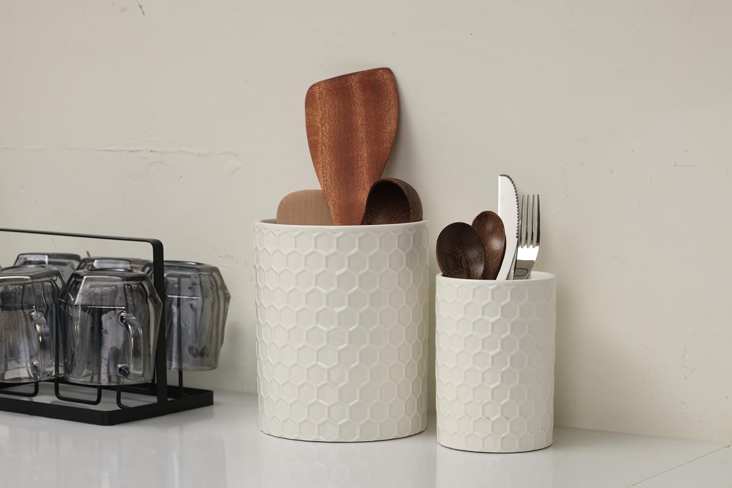 Docrin Ceramic Kitchen Utensil Holder 2 Pack - 6.8"+5.1" Inch Countertop Storage Organizer, Non-Slip Base, Easy to Clean, Elegant White Ceramic Utensil Crocks for Spatulas, Spoons, Cooking Gadgets