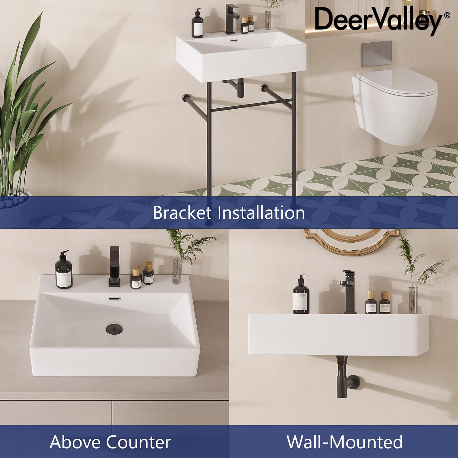 DeerValley 24"x17" Console Bathroom Sink, Free Standing 30 Inch Stainless Steel Support Pedestal Legs, Wall-Mounted White Ceramic Basin, Modern Rectangular Sink Porcelain, Matte Black