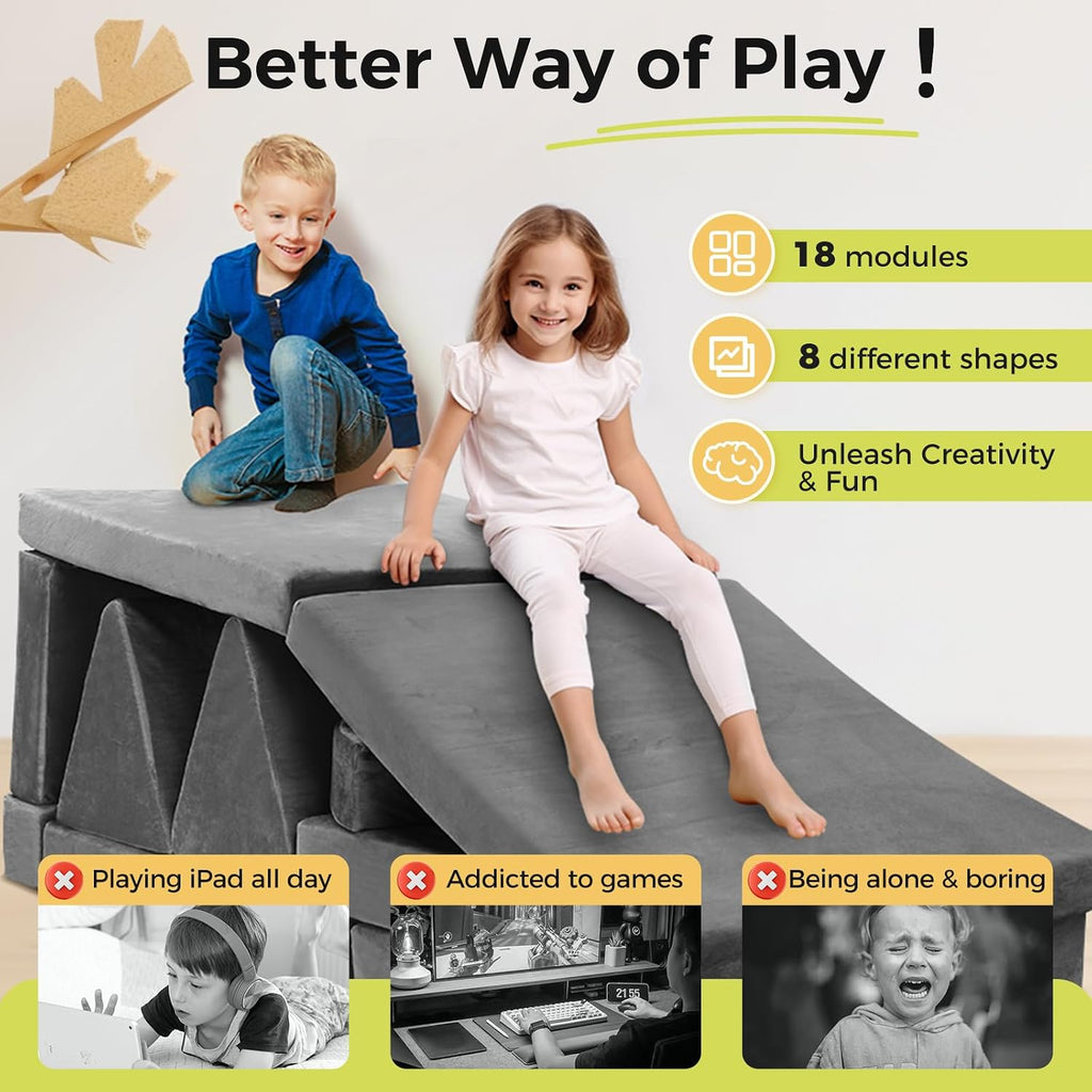 Modular Kids Play Couch 18pcs Toddler Floor Sofa, Sectional Couch for Children Bedroom and Playroom Furniture for Playing, Creativing, Convertible Foam and Floor Cushion for Boys and Girls