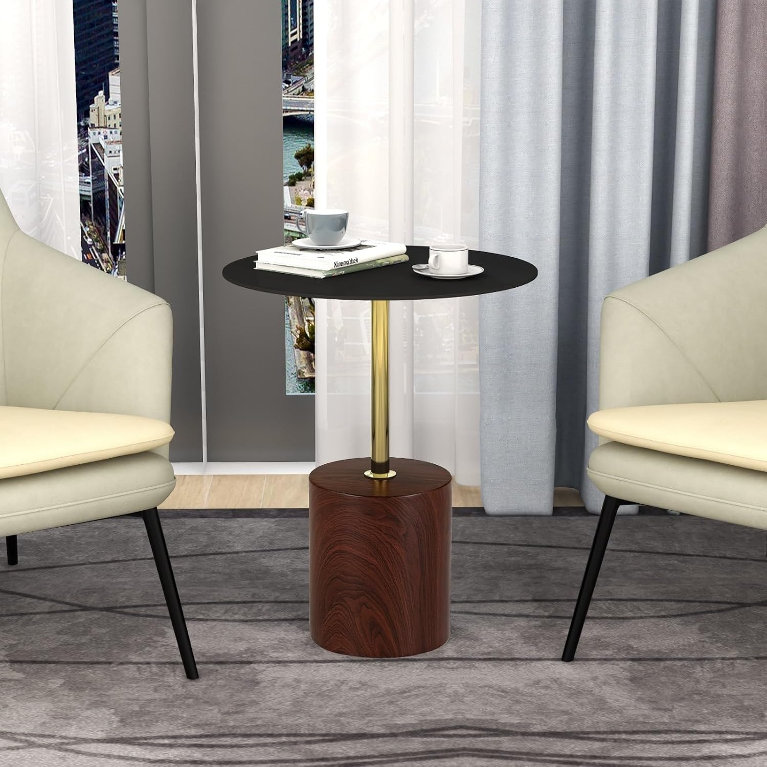 LeisureMod Round Side Table with Modern Stainless Steel Pedestal Base, Chic Accent End Table and Multi-Functional Indoor Nightstand for Living Room, Bedroom, Sofa or Small Spaces, Brown