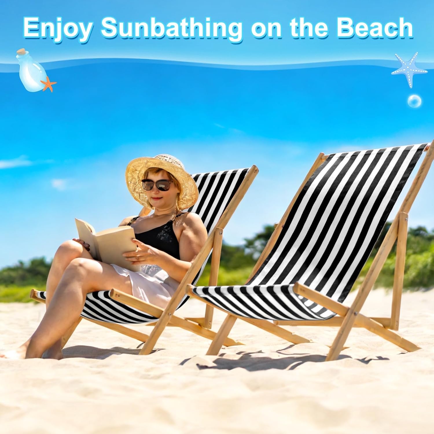 M METERXITY Beach Sling Chair Replacement Canvas, 16x44.5 Inch Folding Lounge Chair Fabric for Beach/Sunbathing/Courtyard/Garden, Outdoor Furniture Cloth [Pinstripe Black, Only Replacement]