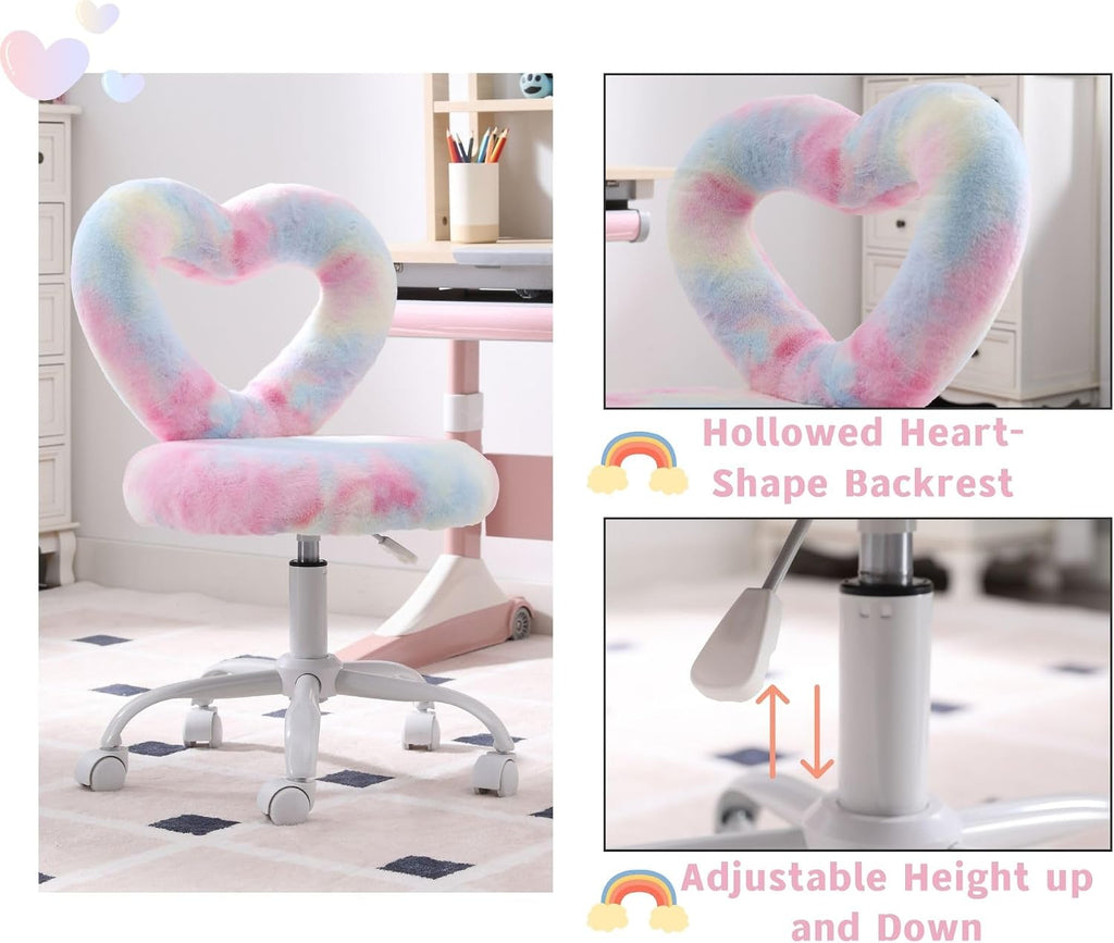 HNY Kids Desk Chair with Wheels, Cute Furry Vanity Chair with Hollowed Heart-Shape Back Adjustable Rolling Computer Study Task Chair for Girls, Fluffy Faux Fur Kids Swivel Chair for Bedroom, Colorful