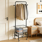 Rolling Laundry Cart with Hanging Rack Metal Laundry Basket with Wheels Laundry Hamper with Storage Basket and Shelf for Laundry Room Organization Black