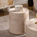 Henf Round End Table Faux Travertine Modern Sofa Side Table for Living Room, Modern Small Circle Faux Marble Side Table for Apartment, No Assembly Required