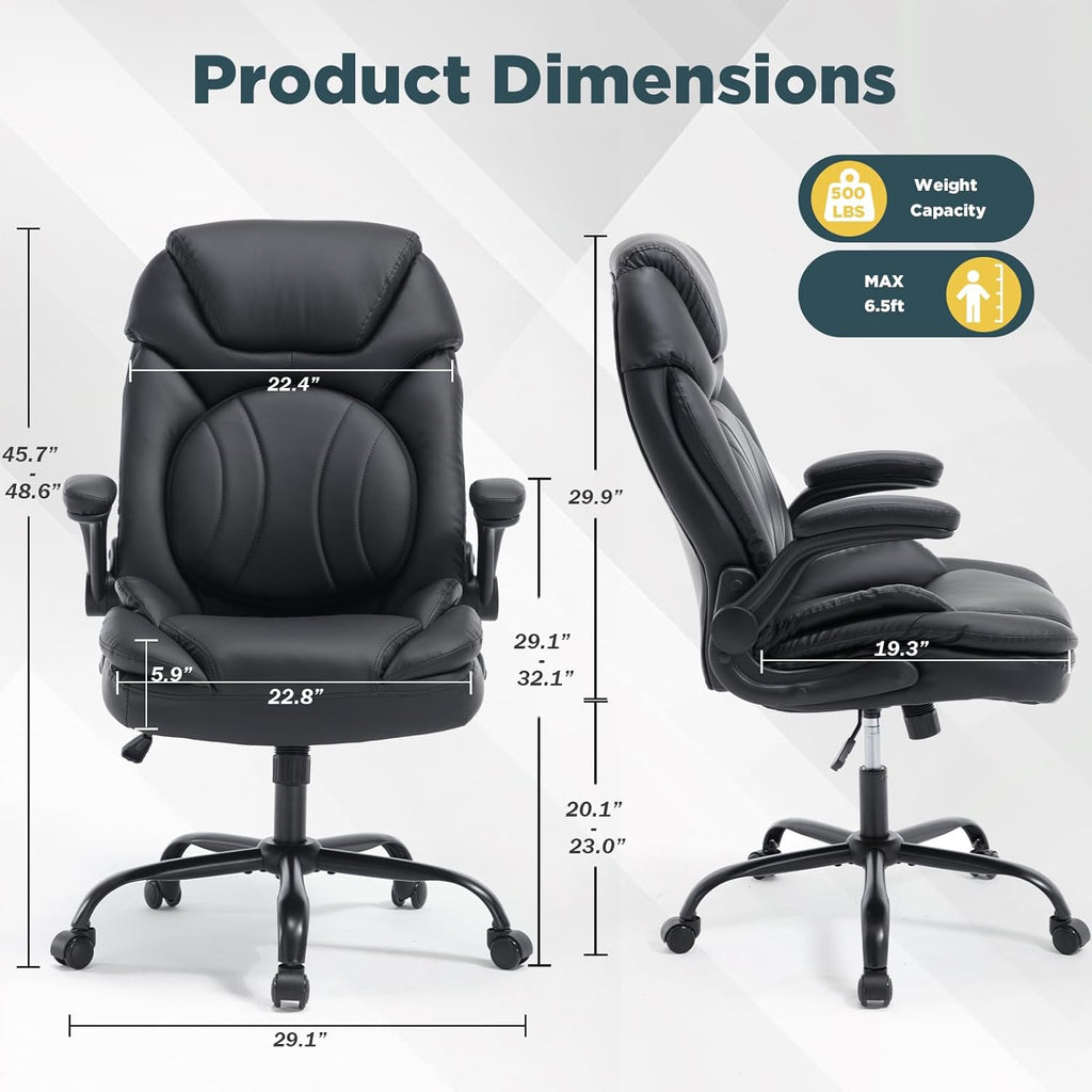 Ergonomic Executive Office Chair with Flip up Arms, Wide Seat Big and Tall Office Desk Chairs with Back Lumbar Support for Back Pain, Black Leather