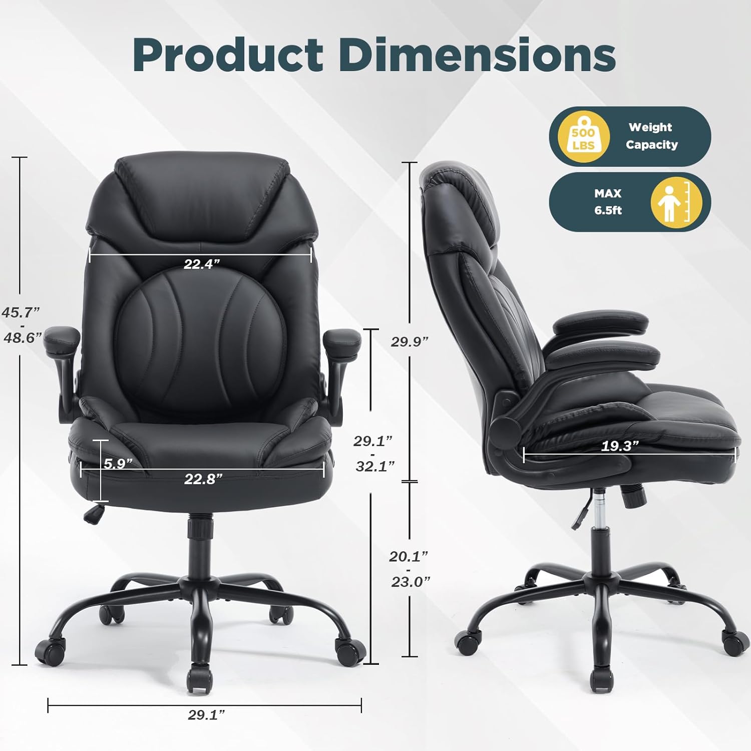 Ergonomic Executive Office Chair with Flip up Arms, Wide Seat Big and Tall Office Desk Chairs with Back Lumbar Support for Back Pain, Black Leather