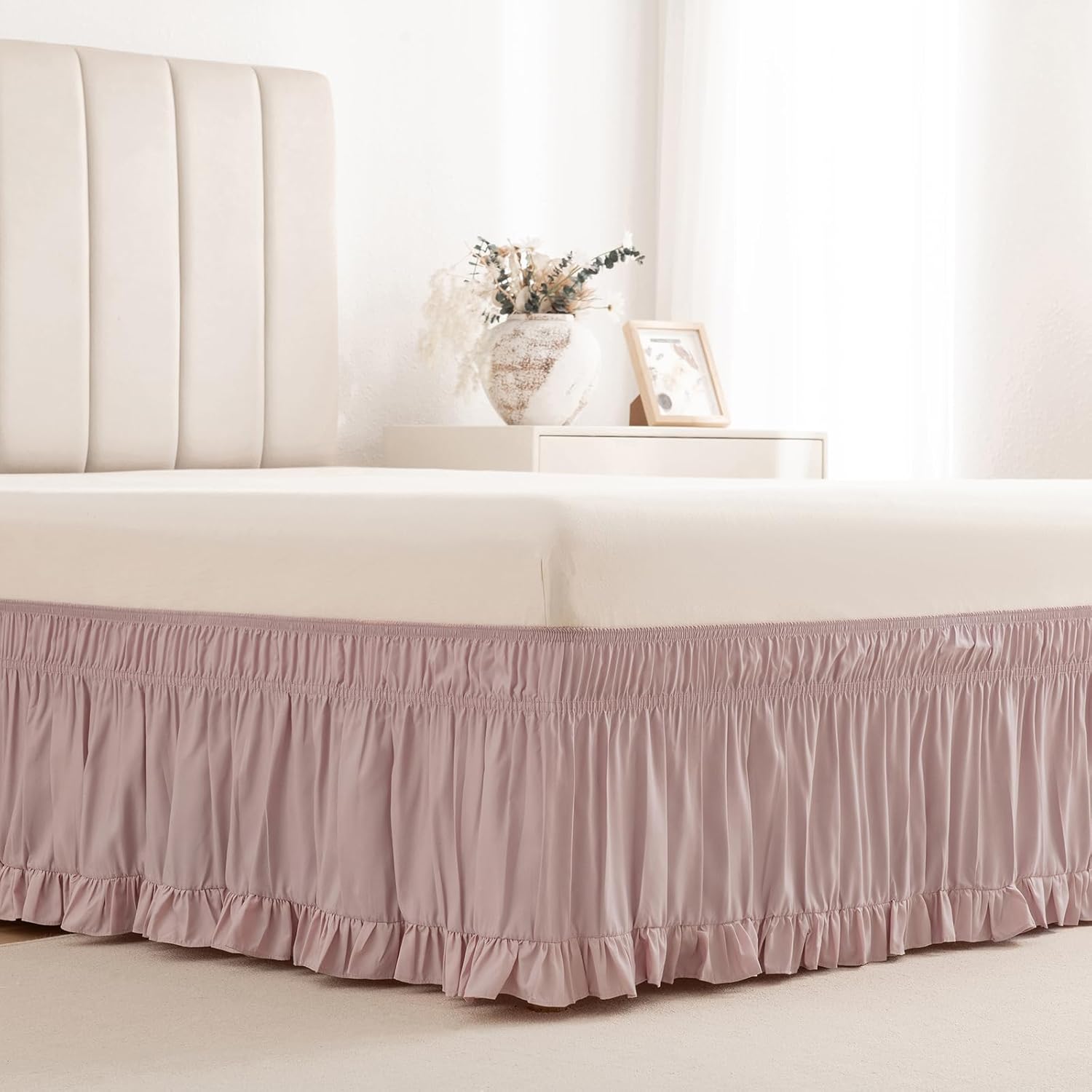 vctops Wrap Around Bed Skirt with 15 Inch Drop, Adjustable Elastic Dust Ruffled Bedding Skirt Fade Resistant Bedskirt, Easy to Install (Dusty Pink, Queen)