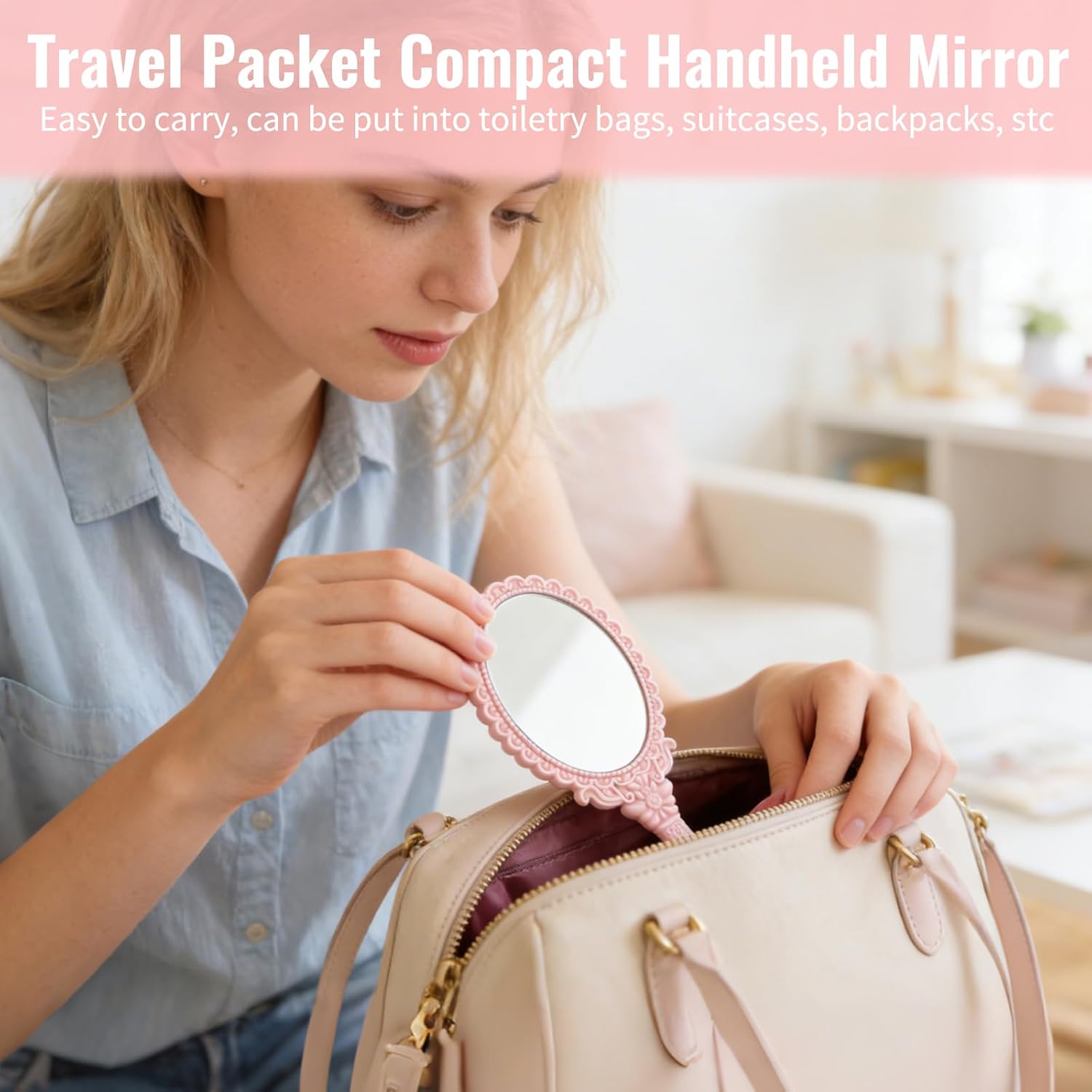 24 Pack Vintage Handheld Mirrors for Makeup, Pink Embossed Floral Portable Princess Mirror with Handle, Decorative Travel Cosmetic Purse Mirror for Women, Party Favors, Classroom