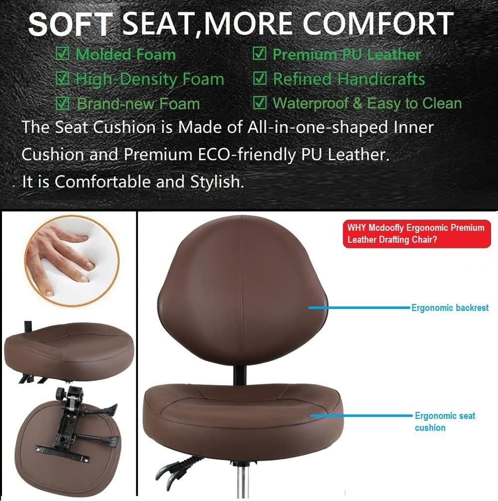 Rolling Drafting Chair with Back Support - Tall Office Chair for Standing Desk Adjustable Foot Ring Swivel Rolling Stools for Workshop Art Studio Salon Shop Counter Home Office (Brown)
