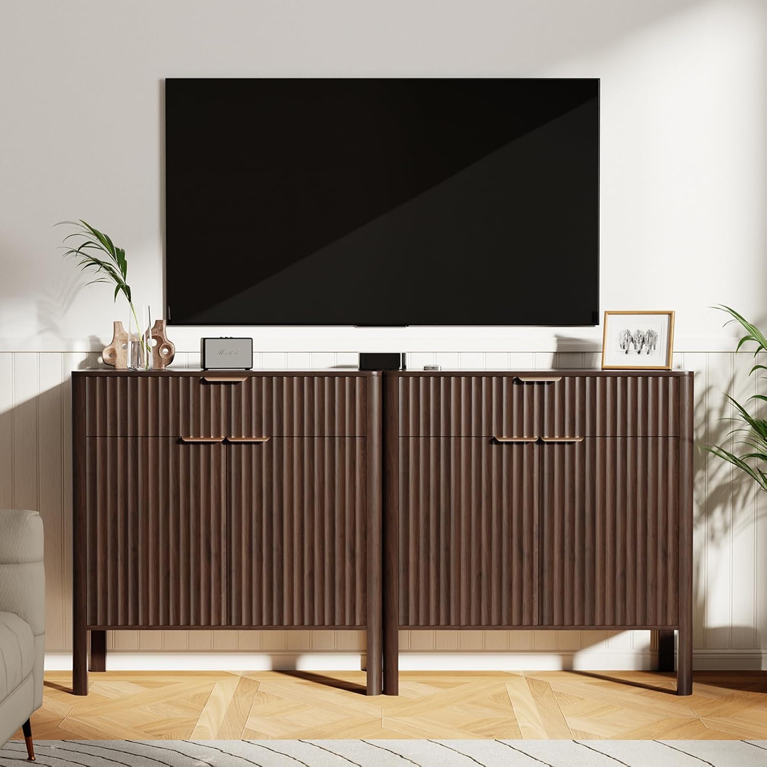 Fluted Buffet Cabinet Accent with Doors & Drawer 31" Walnut | Anti-tipping Design, Scratch & Water-resistant, Pre-drilled Easy Assembly Versatile for Kitchen, Entryway & Living Room