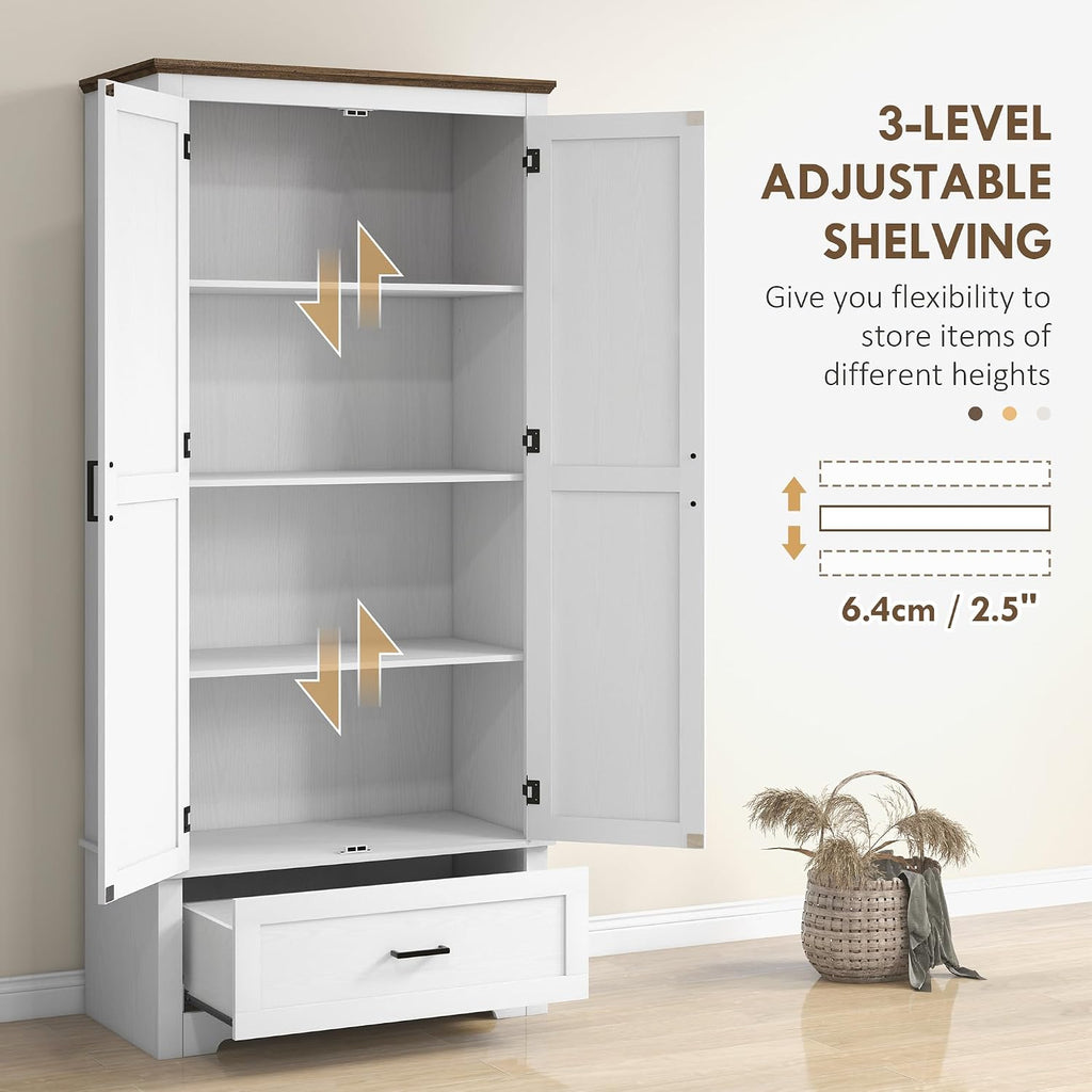 69" Tall Kitchen Pantry Storage Cabinet, Farmhouse Freestanding Pantry Cabinet with 2 Doors, Drawer and Adjustable Shelves for Dining Room, White,15.7 * 31.5 * 68.9