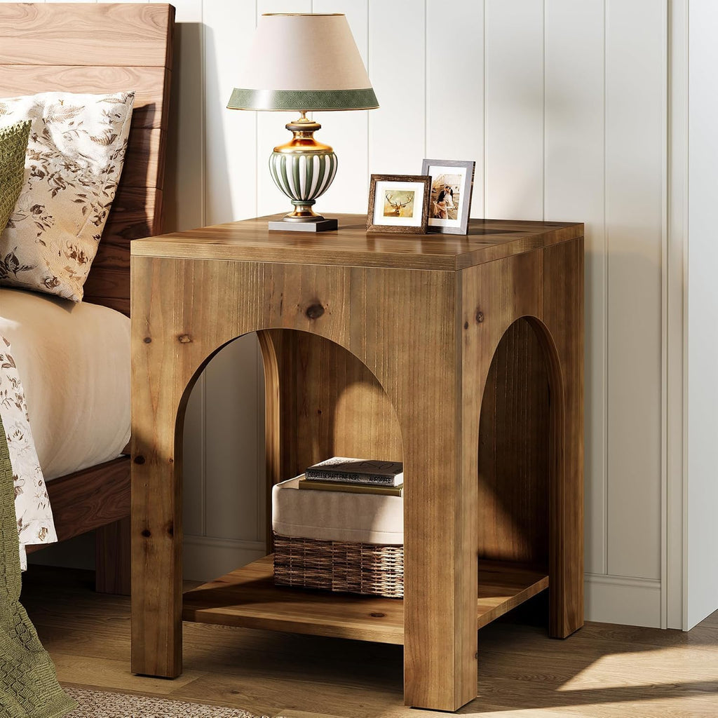 Tribesigns Farmhouse Wooden End Table with Arch Design, 2-Tier Storage Square Side Table for Living Room, Bedroom, or Office, Rustic Brown & Easy to Assemble
