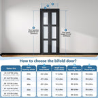 Bifold Doors for 30"×80-3/4" Opening, 3-Lite Tempered Frosted Glass Closet Folding Barn Door Slab with Concealed Hardware Kit Included, MDF Wood Panel, Easy Assembly, Black