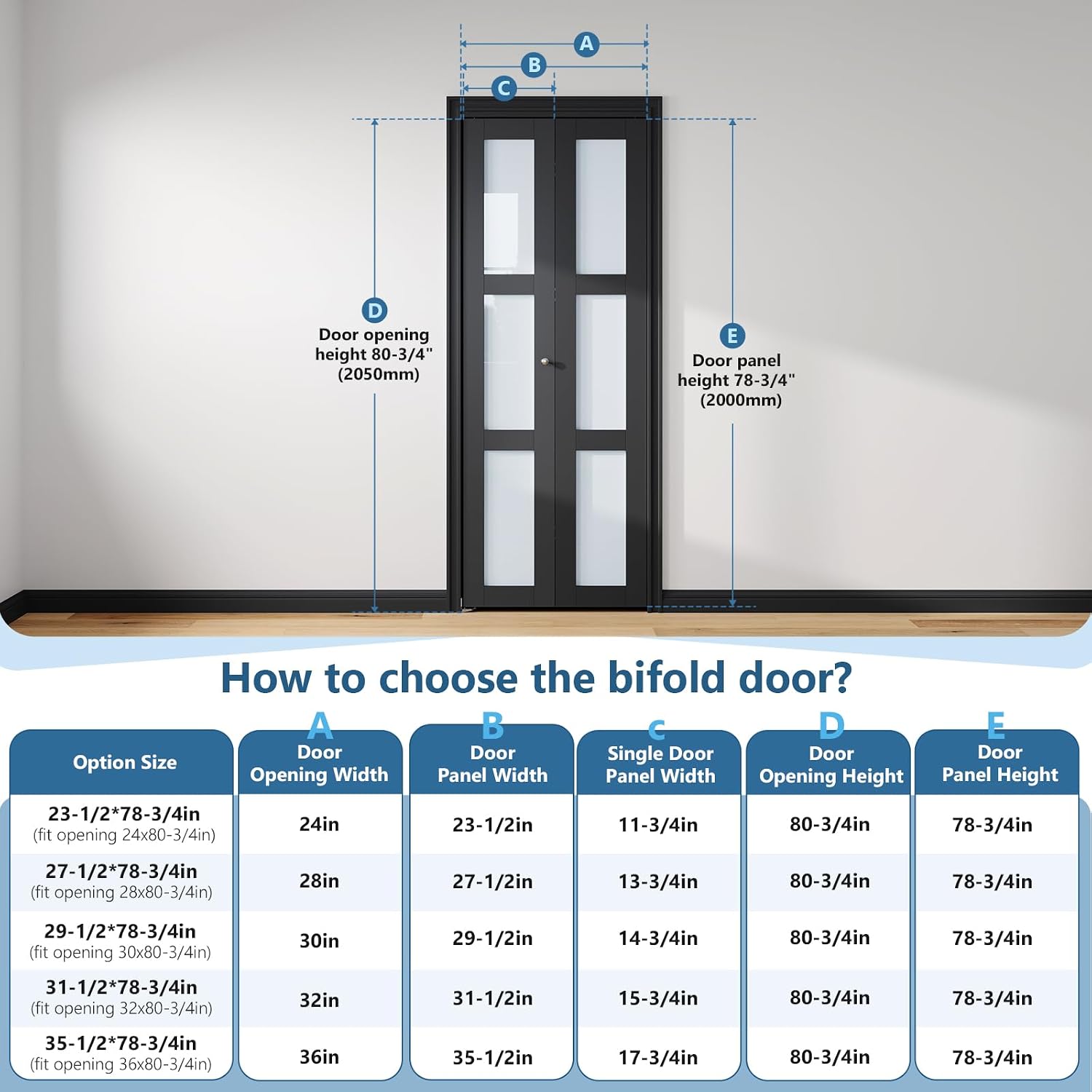 Bifold Doors for 30"×80-3/4" Opening, 3-Lite Tempered Frosted Glass Closet Folding Barn Door Slab with Concealed Hardware Kit Included, MDF Wood Panel, Easy Assembly, Black