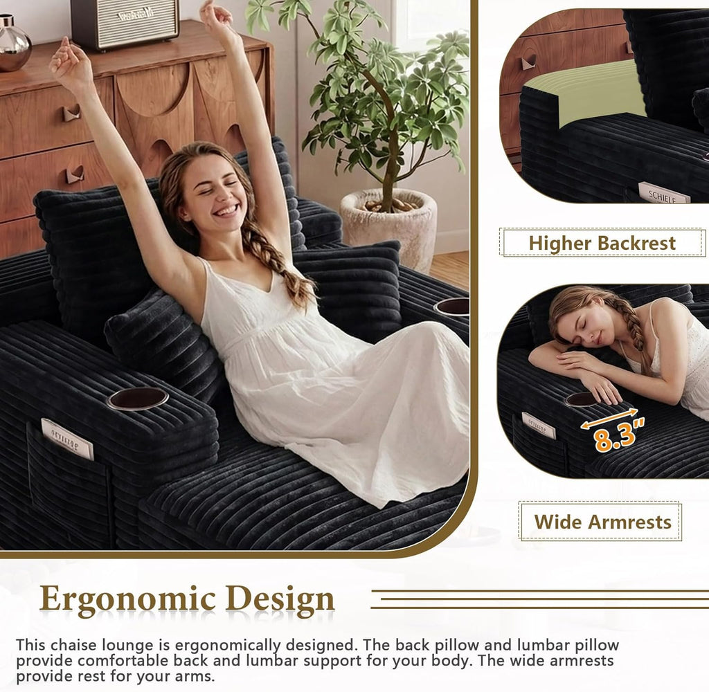 65" L Oversized Chaise Lounge Chair Indoor,Comfy Boneless Reading Chair with Cup Holder & Side Pockets,Corduroy Fabric Single Cloud Sofa Chair for Living Room & Bedroom,No Assembly, Black