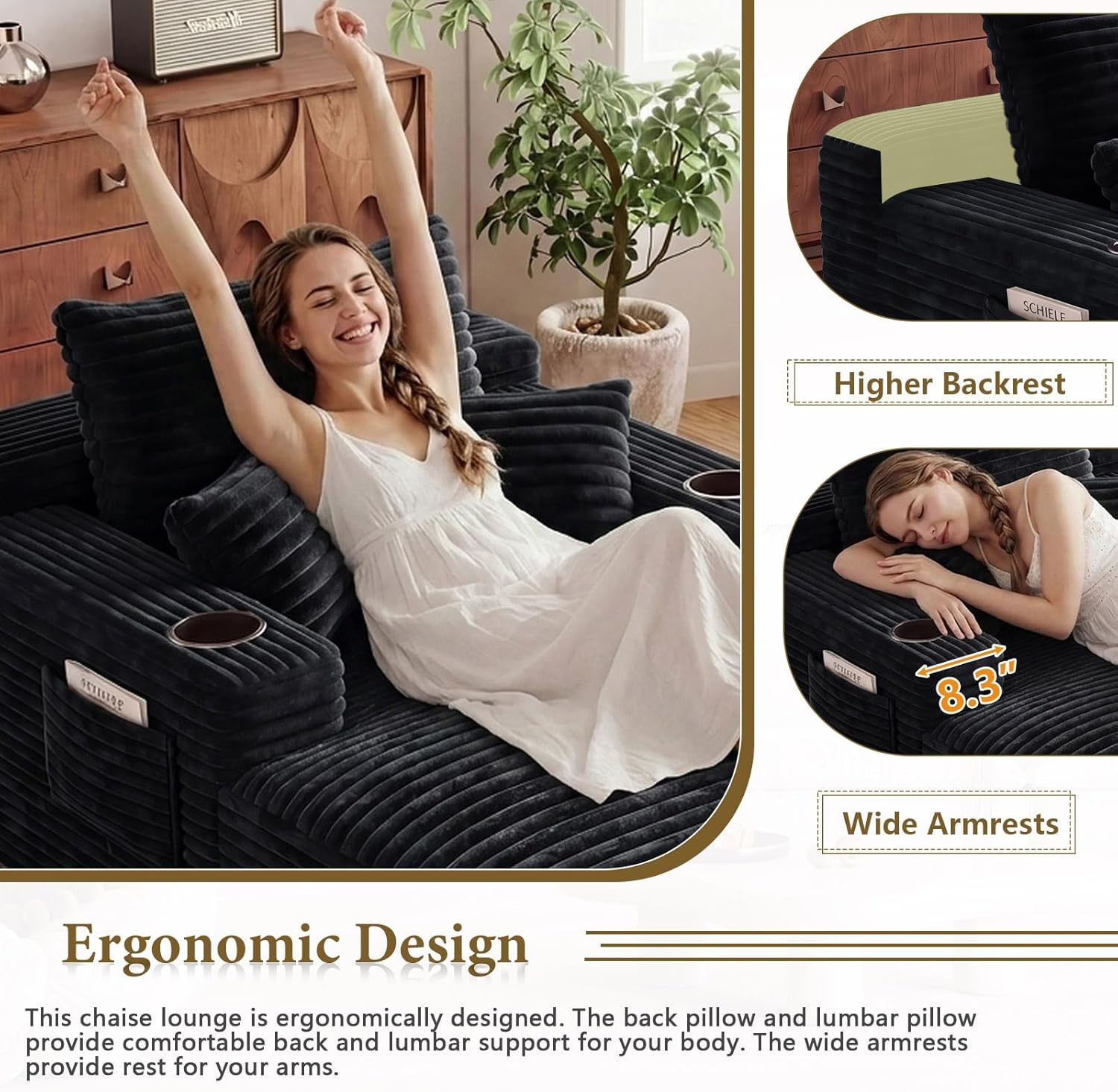 65" L Oversized Chaise Lounge Chair Indoor,Comfy Boneless Reading Chair with Cup Holder & Side Pockets,Corduroy Fabric Single Cloud Sofa Chair for Living Room & Bedroom,No Assembly, Black
